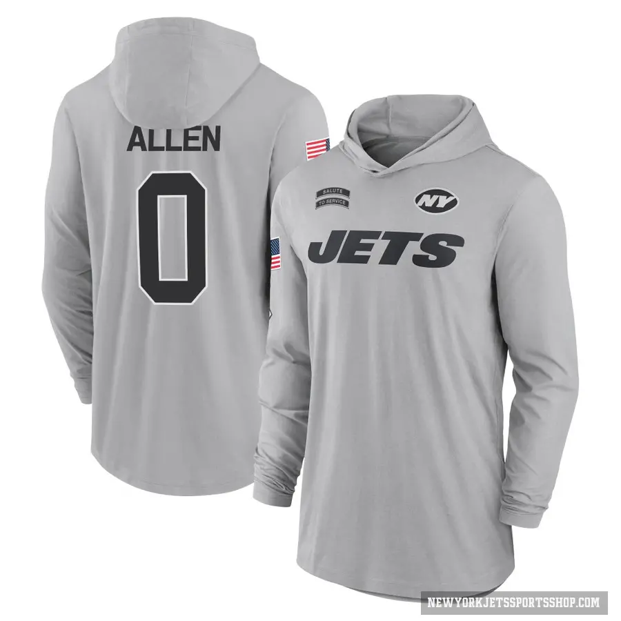 Men's ＃0 Braelon Allen New York Jets Gray 2024 Salute to Service Lightweight Performance Long Sleeve Hooded T-Shirt