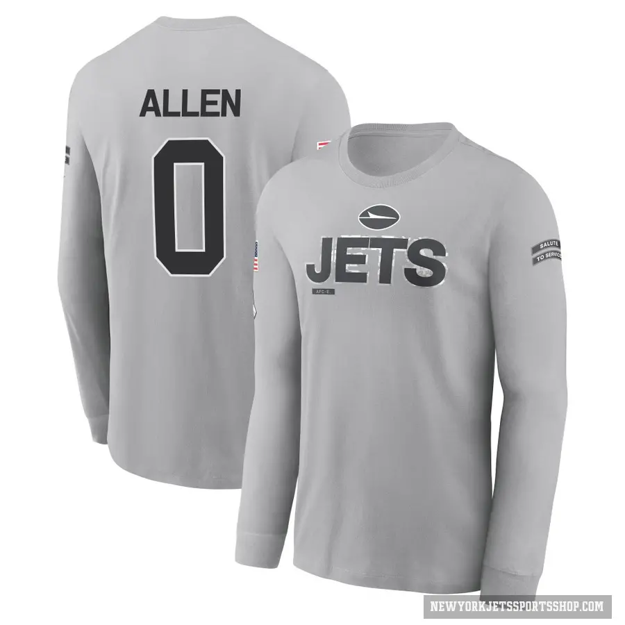 Men's ＃0 Braelon Allen New York Jets Gray 2024 Salute to Service Long Sleeve T-Shirt