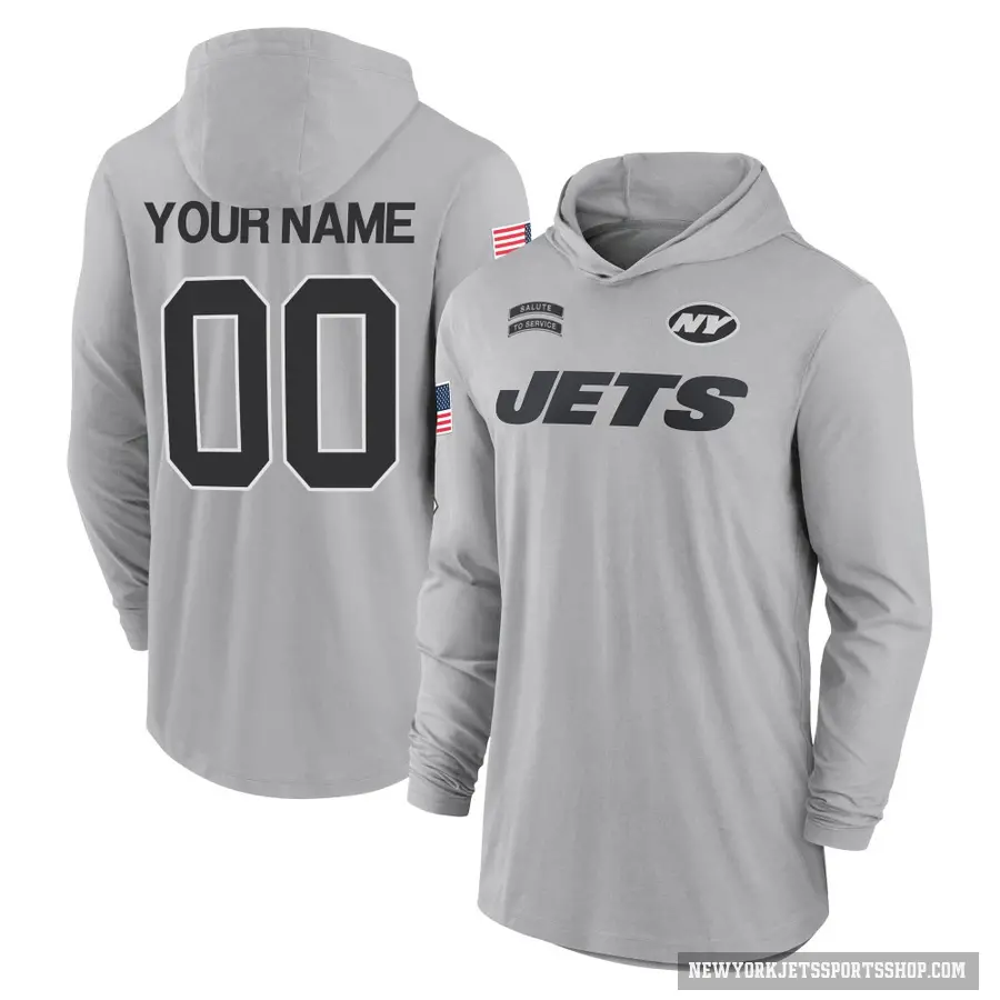 Men's ＃00 Custom New York Jets Gray 2024 Salute to Service Lightweight Performance Long Sleeve Hooded T-Shirt