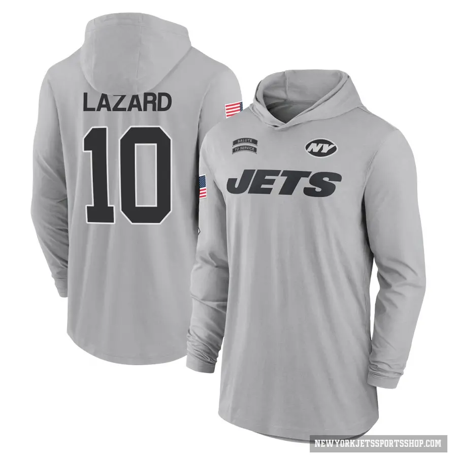 Men's ＃10 Allen Lazard New York Jets Gray 2024 Salute to Service Lightweight Performance Long Sleeve Hooded T-Shirt