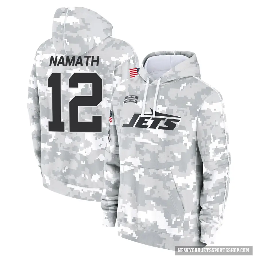 Men's ＃12 Joe Namath New York Jets Arctic Camo 2024 Salute to Service Club Fleece Pullover Hoodie