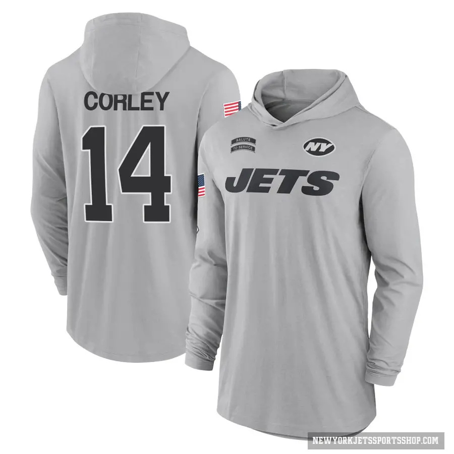 Men's ＃14 Malachi Corley New York Jets Gray 2024 Salute to Service Lightweight Performance Long Sleeve Hooded T-Shirt