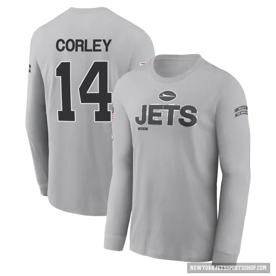 Men's ＃14 Malachi Corley New York Jets Gray 2024 Salute to Service Long Sleeve T-Shirt