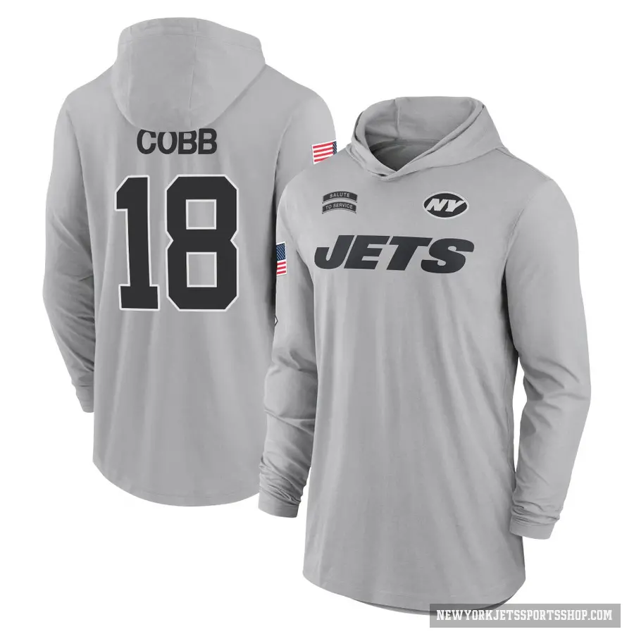 Men's ＃18 Randall Cobb New York Jets Gray 2024 Salute to Service Lightweight Performance Long Sleeve Hooded T-Shirt