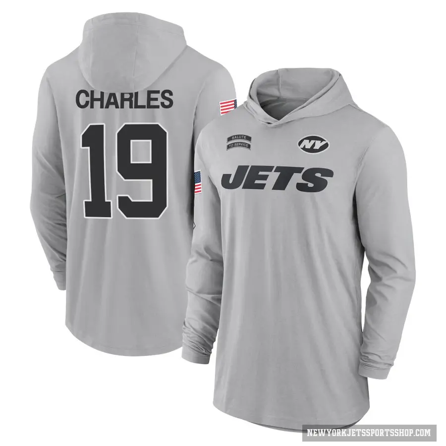 Men's ＃19 Irvin Charles New York Jets Gray 2024 Salute to Service Lightweight Performance Long Sleeve Hooded T-Shirt