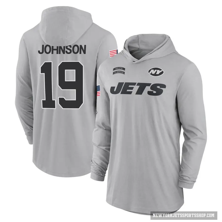 Men's ＃19 Keyshawn Johnson New York Jets Gray 2024 Salute to Service Lightweight Performance Long Sleeve Hooded T-Shirt