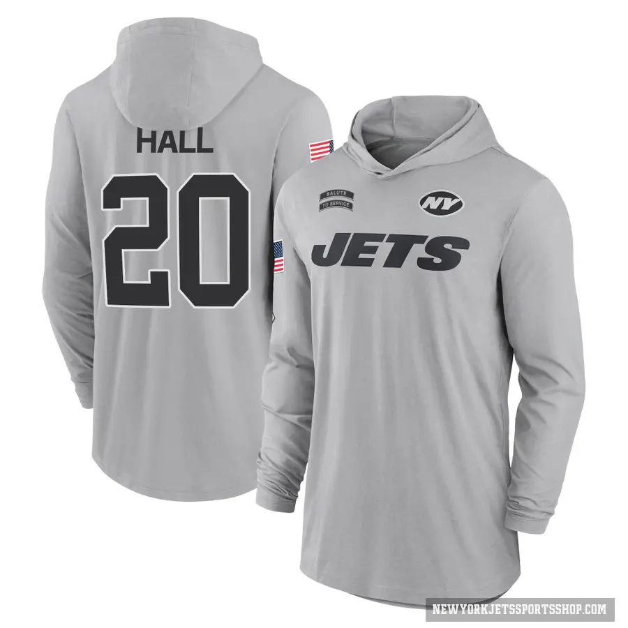 Men's ＃20 Breece Hall New York Jets Gray 2024 Salute to Service Lightweight Performance Long Sleeve Hooded T-Shirt