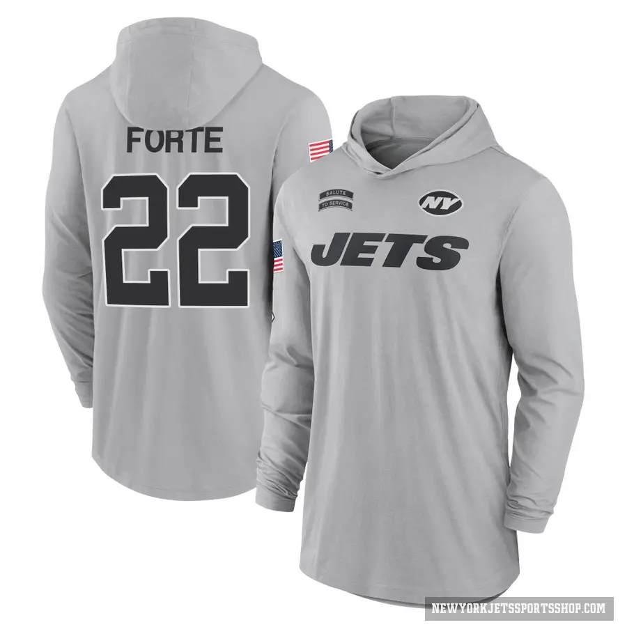 Men's ＃22 Matt Forte New York Jets Gray 2024 Salute to Service Lightweight Performance Long Sleeve Hooded T-Shirt