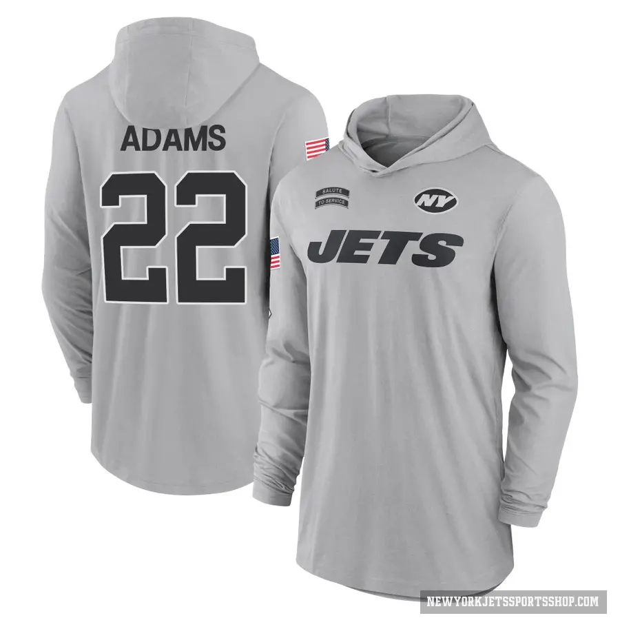 Men's ＃22 Tony Adams New York Jets Gray 2024 Salute to Service Lightweight Performance Long Sleeve Hooded T-Shirt
