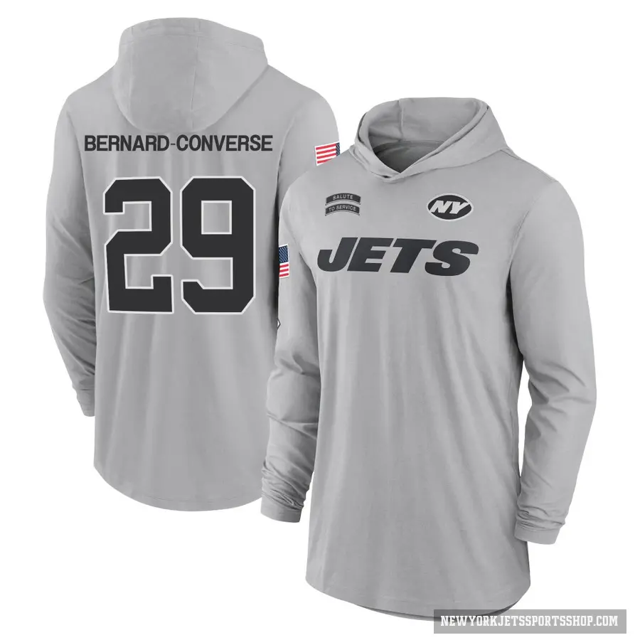Men's ＃29 Jarrick Bernard-Converse New York Jets Gray 2024 Salute to Service Lightweight Performance Long Sleeve Hooded T-Shirt