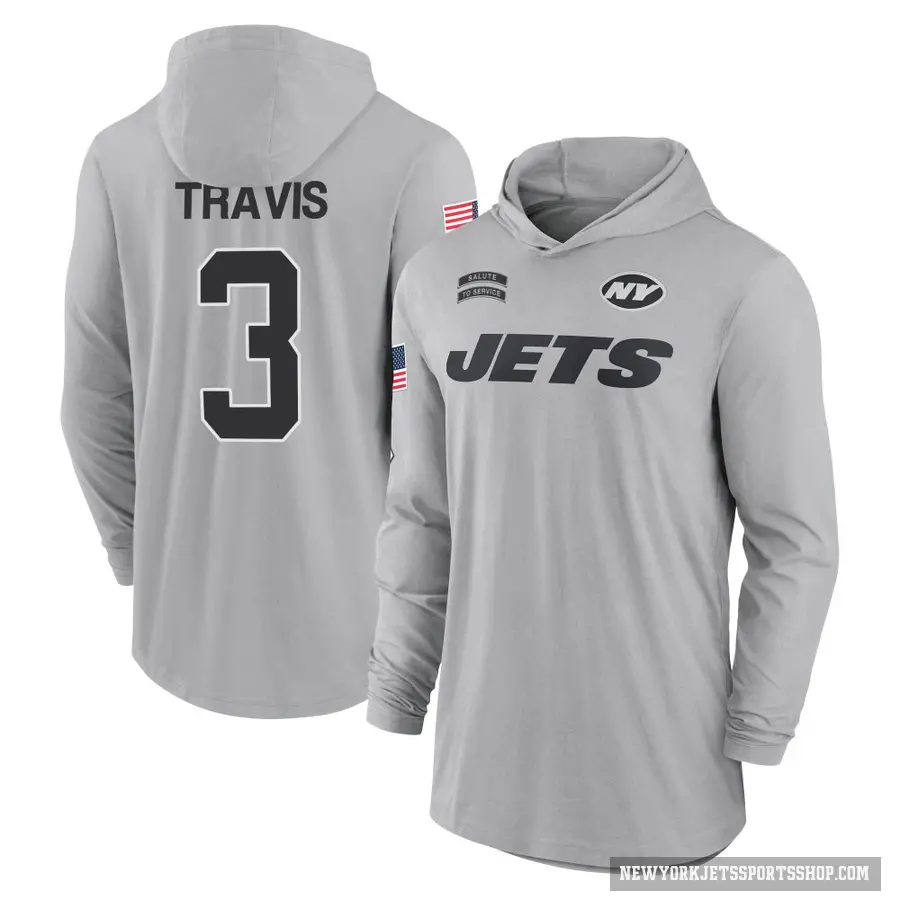 Men's ＃3 Jordan Travis New York Jets Gray 2024 Salute to Service Lightweight Performance Long Sleeve Hooded T-Shirt