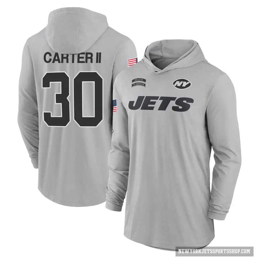 Men's ＃30 Michael Carter II New York Jets Gray 2024 Salute to Service Lightweight Performance Long Sleeve Hooded T-Shirt
