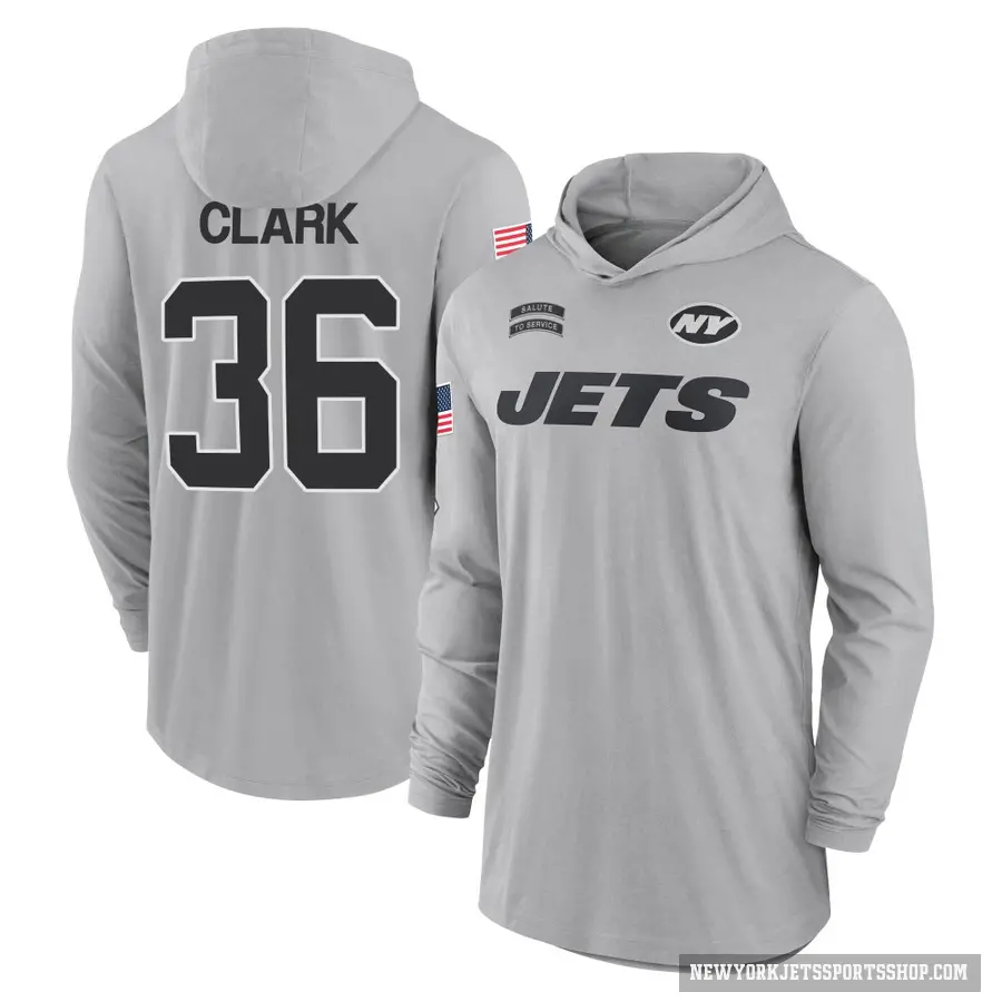 Men's ＃36 Chuck Clark New York Jets Gray 2024 Salute to Service Lightweight Performance Long Sleeve Hooded T-Shirt