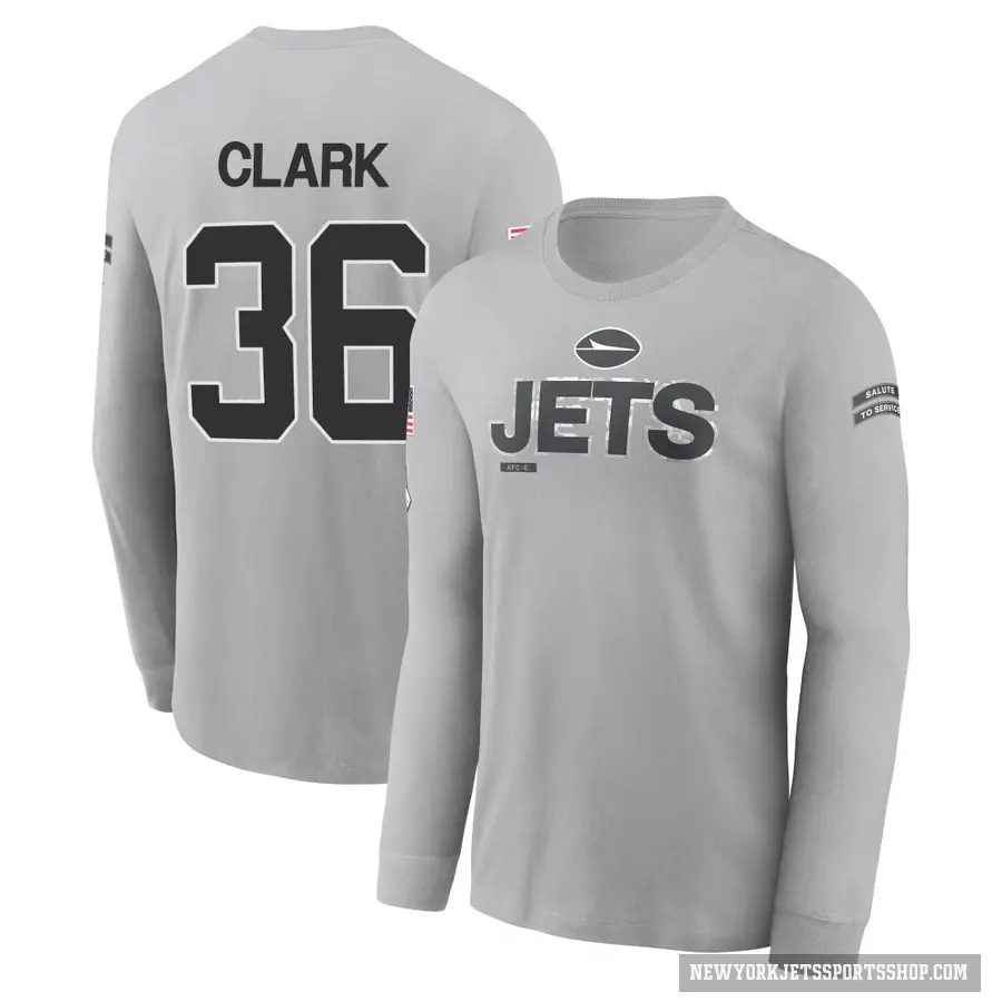 Men's ＃36 Chuck Clark New York Jets Gray 2024 Salute to Service Long Sleeve T-Shirt