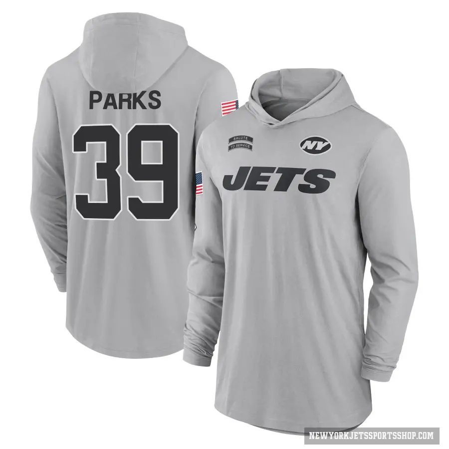 Men's ＃39 Will Parks New York Jets Gray 2024 Salute to Service Lightweight Performance Long Sleeve Hooded T-Shirt