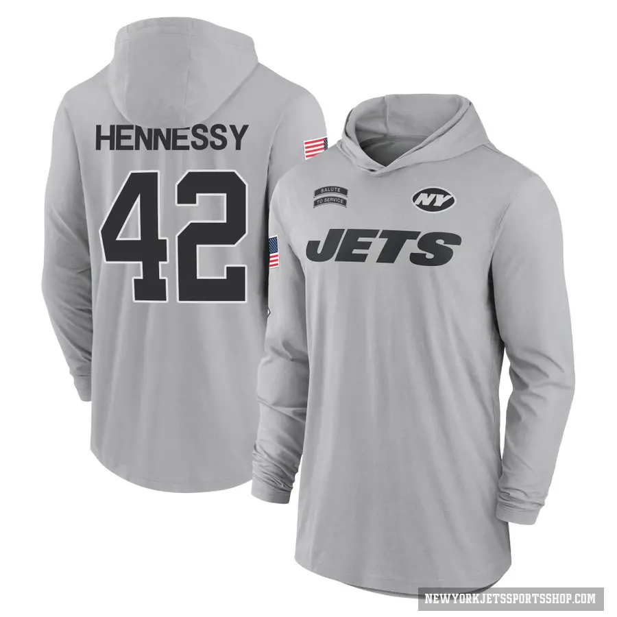 Men's ＃42 Thomas Hennessy New York Jets Gray 2024 Salute to Service Lightweight Performance Long Sleeve Hooded T-Shirt