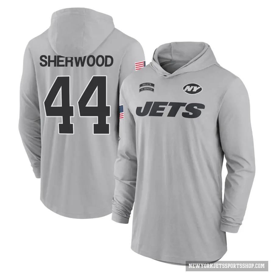 Men's ＃44 Jamien Sherwood New York Jets Gray 2024 Salute to Service Lightweight Performance Long Sleeve Hooded T-Shirt