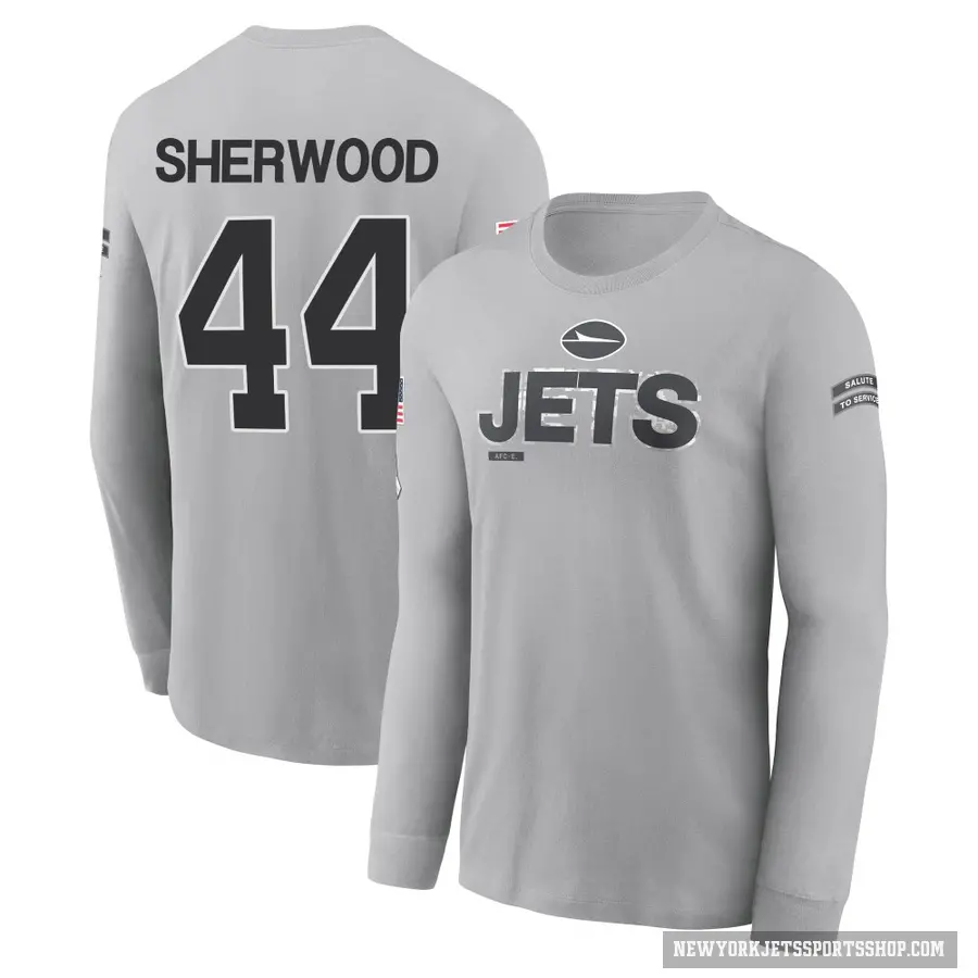 Men's ＃44 Jamien Sherwood New York Jets Gray 2024 Salute to Service Long Sleeve T-Shirt
