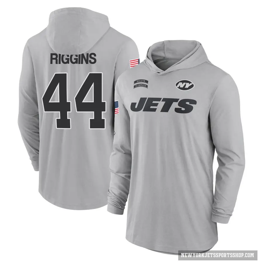 Men's ＃44 John Riggins New York Jets Gray 2024 Salute to Service Lightweight Performance Long Sleeve Hooded T-Shirt