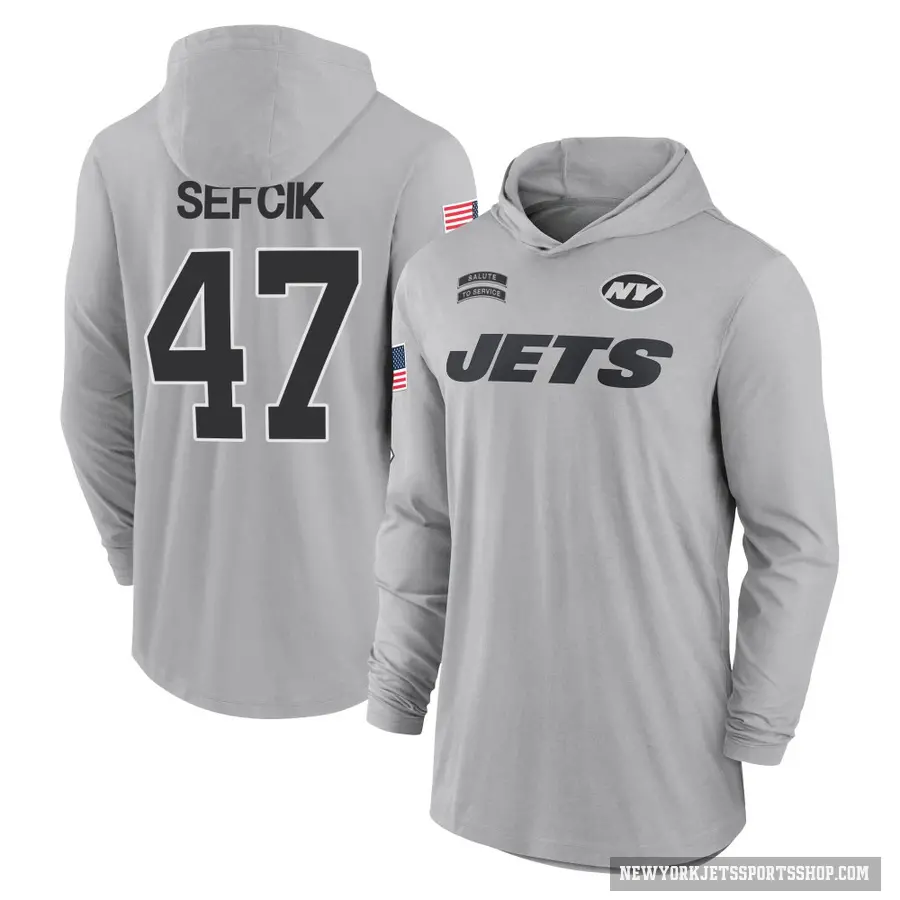 Men's ＃47 Lincoln Sefcik New York Jets Gray 2024 Salute to Service Lightweight Performance Long Sleeve Hooded T-Shirt