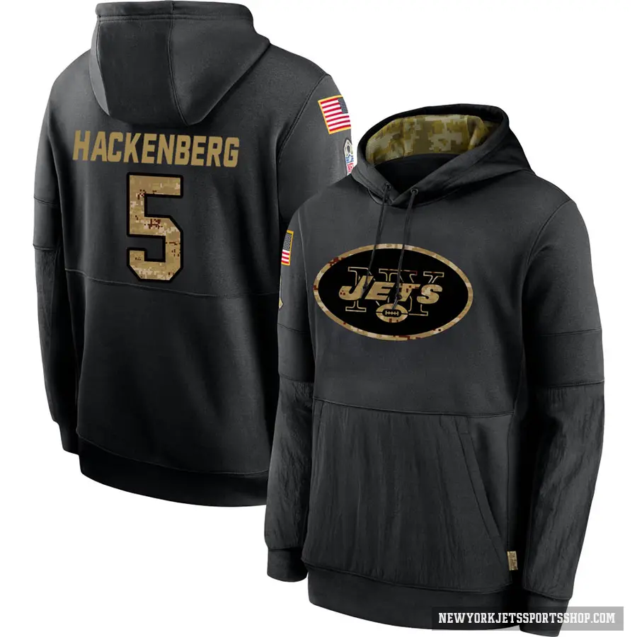 Men's ＃5 Christian Hackenberg New York Jets Black 2020 Salute to Service Sideline Performance Pullover Hoodie