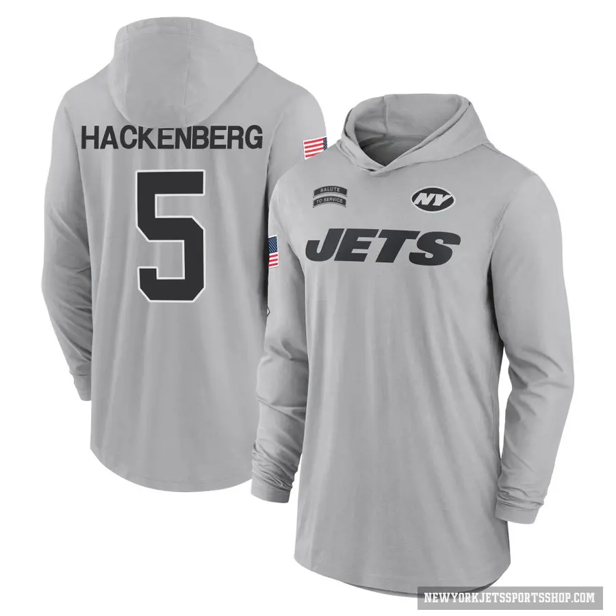 Men's ＃5 Christian Hackenberg New York Jets Gray 2024 Salute to Service Lightweight Performance Long Sleeve Hooded T-Shirt
