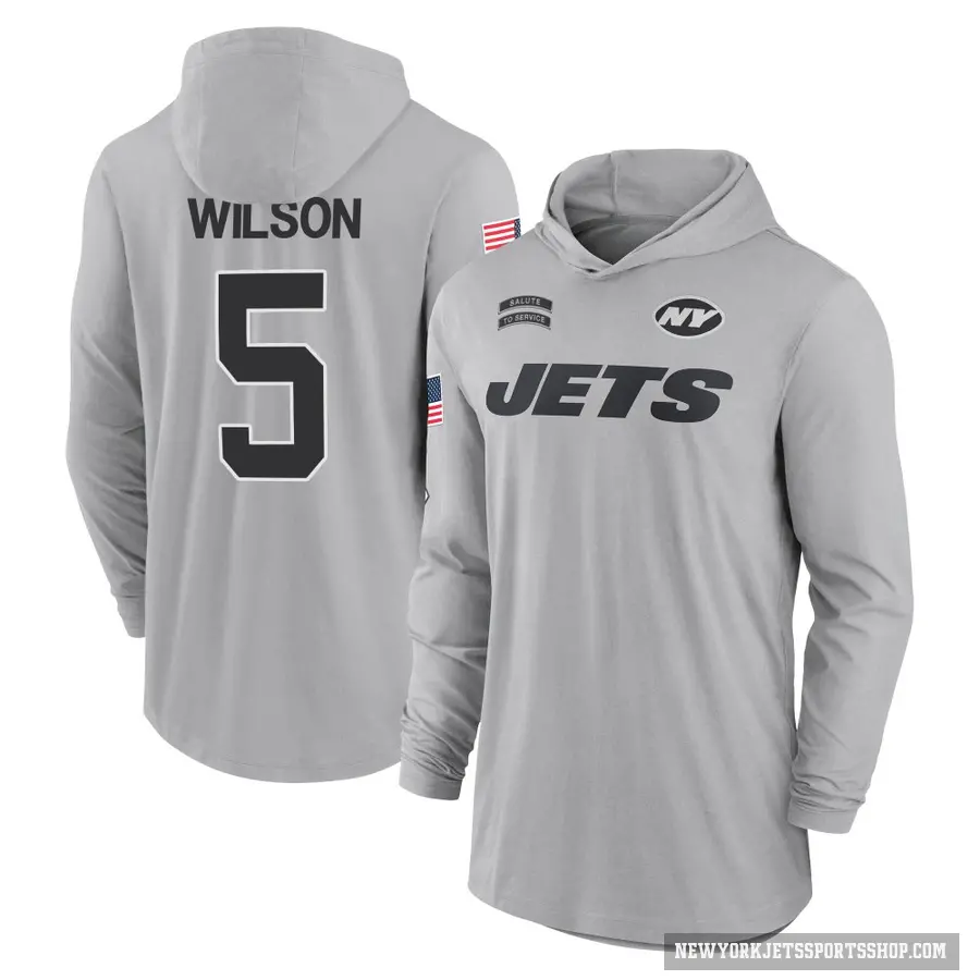 Men's ＃5 Garrett Wilson New York Jets Gray 2024 Salute to Service Lightweight Performance Long Sleeve Hooded T-Shirt
