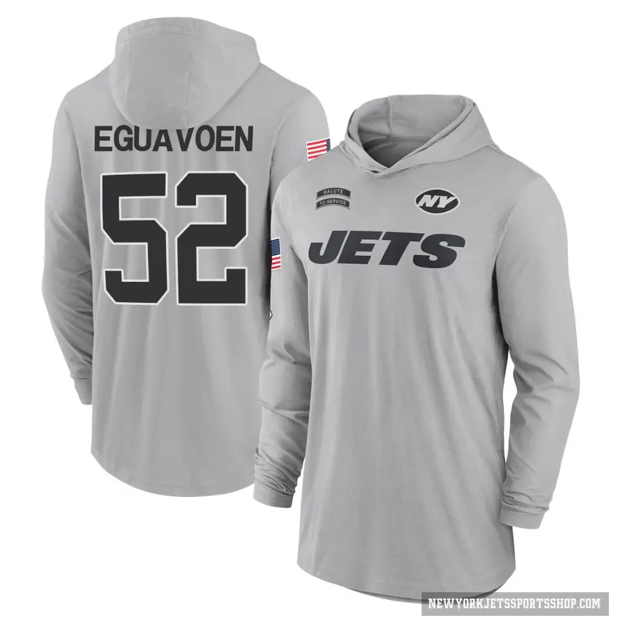 Men's ＃52 Sam Eguavoen New York Jets Gray 2024 Salute to Service Lightweight Performance Long Sleeve Hooded T-Shirt