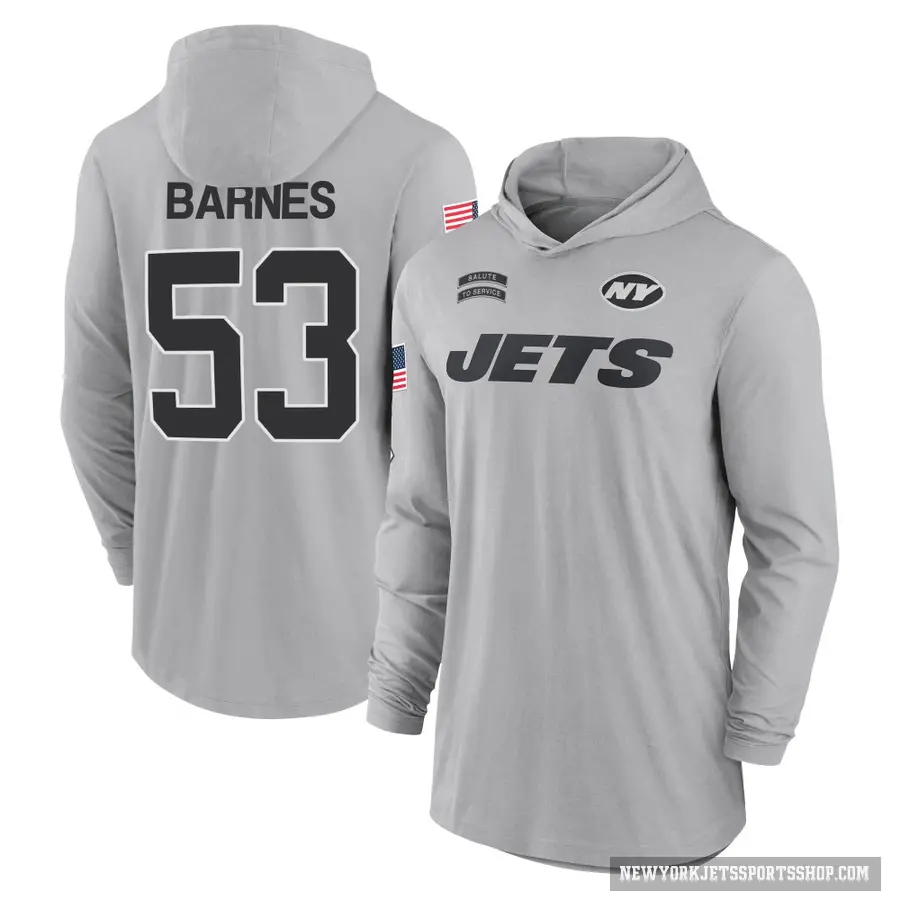 Men's ＃53 Zaire Barnes New York Jets Gray 2024 Salute to Service Lightweight Performance Long Sleeve Hooded T-Shirt
