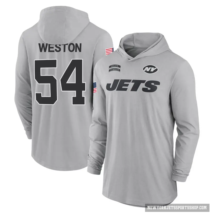Men's ＃54 Ja'Markis Weston New York Jets Gray 2024 Salute to Service Lightweight Performance Long Sleeve Hooded T-Shirt