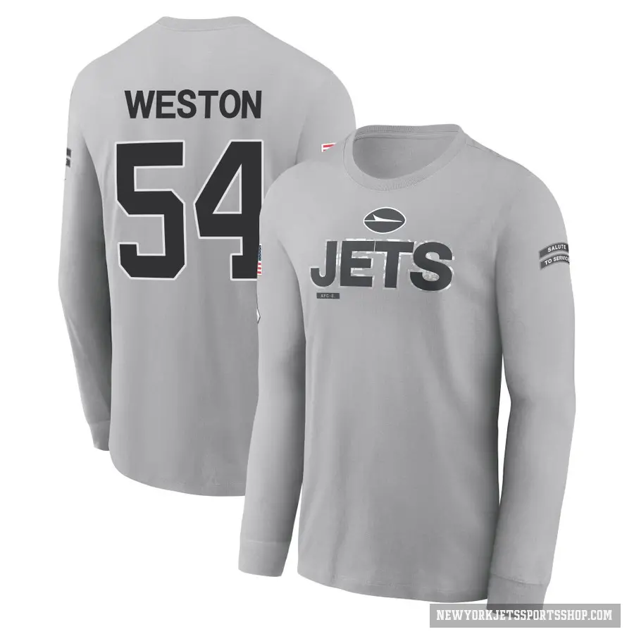 Men's ＃54 Ja'Markis Weston New York Jets Gray 2024 Salute to Service Long Sleeve T-Shirt