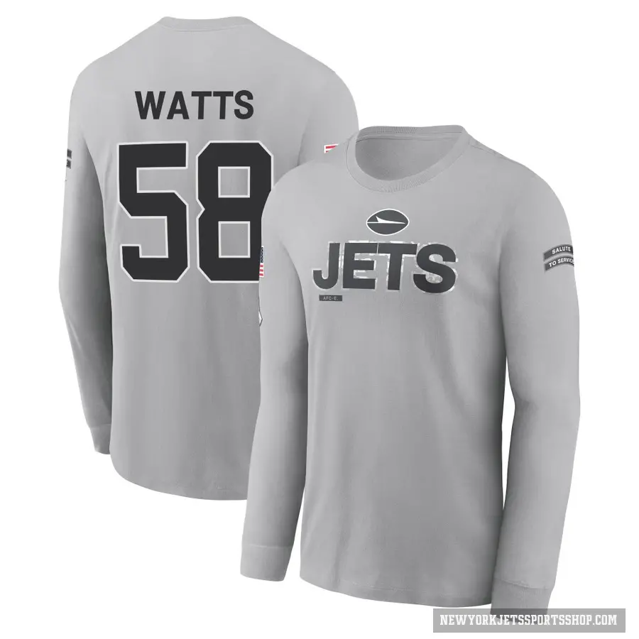 Men's ＃58 Eric Watts New York Jets Gray 2024 Salute to Service Long Sleeve T-Shirt