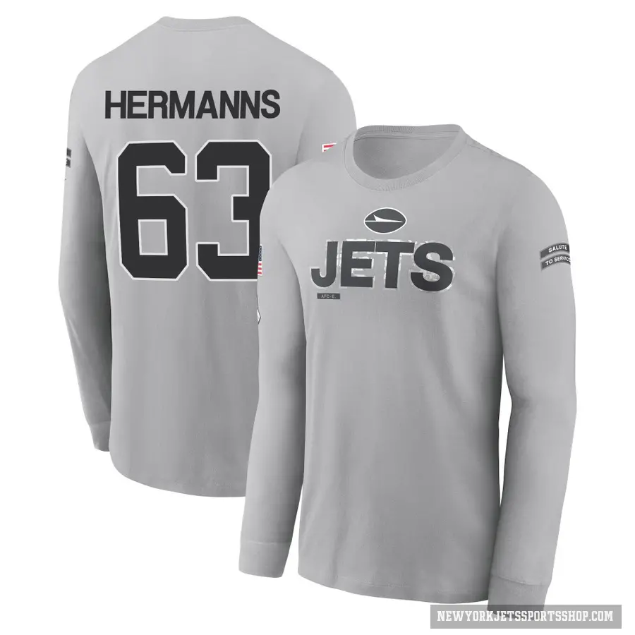 Men's ＃63 Grant Hermanns New York Jets Gray 2024 Salute to Service Long Sleeve T-Shirt