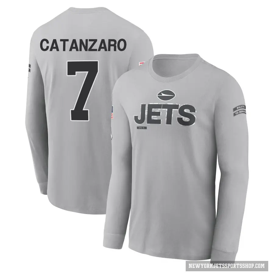 Men's ＃7 Chandler Catanzaro New York Jets Gray 2024 Salute to Service Long Sleeve T-Shirt