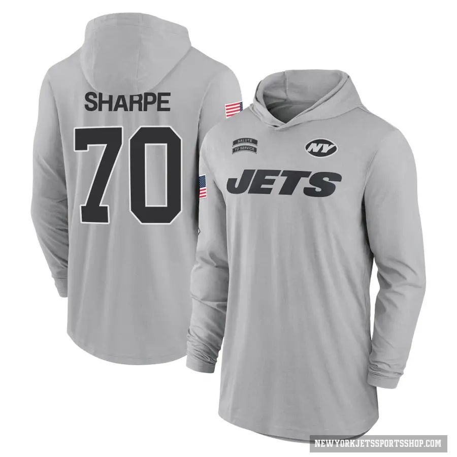Men's ＃70 David Sharpe New York Jets Gray 2024 Salute to Service Lightweight Performance Long Sleeve Hooded T-Shirt