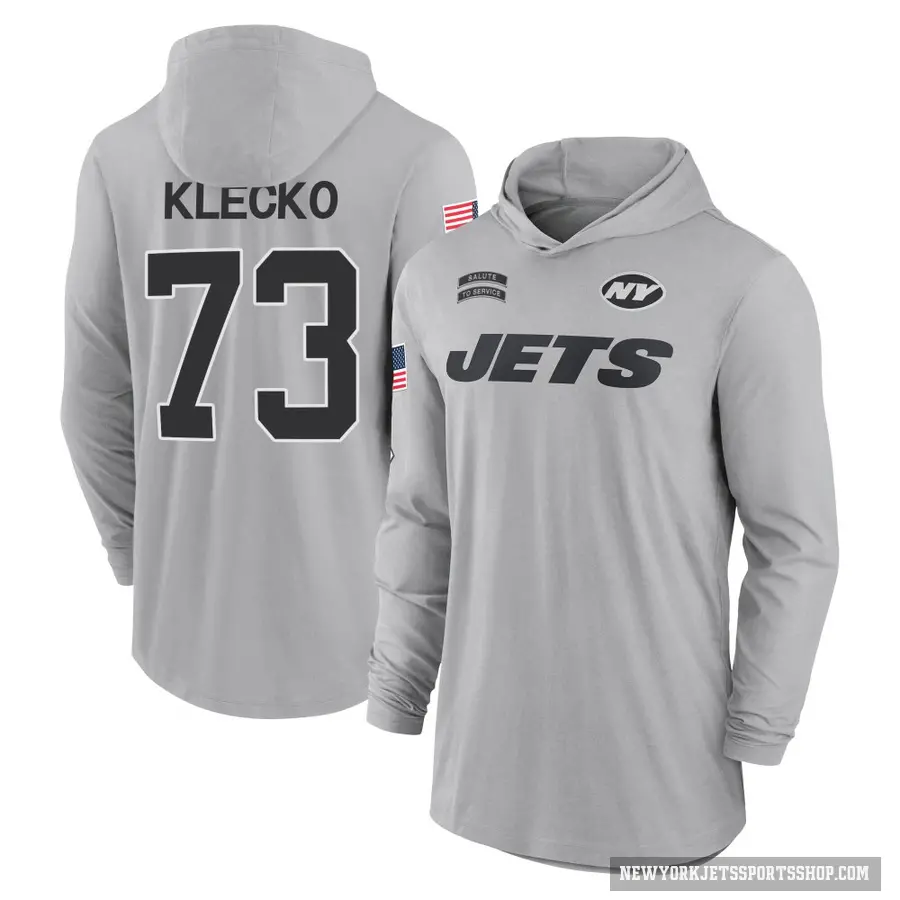 Men's ＃73 Joe Klecko New York Jets Gray 2024 Salute to Service Lightweight Performance Long Sleeve Hooded T-Shirt