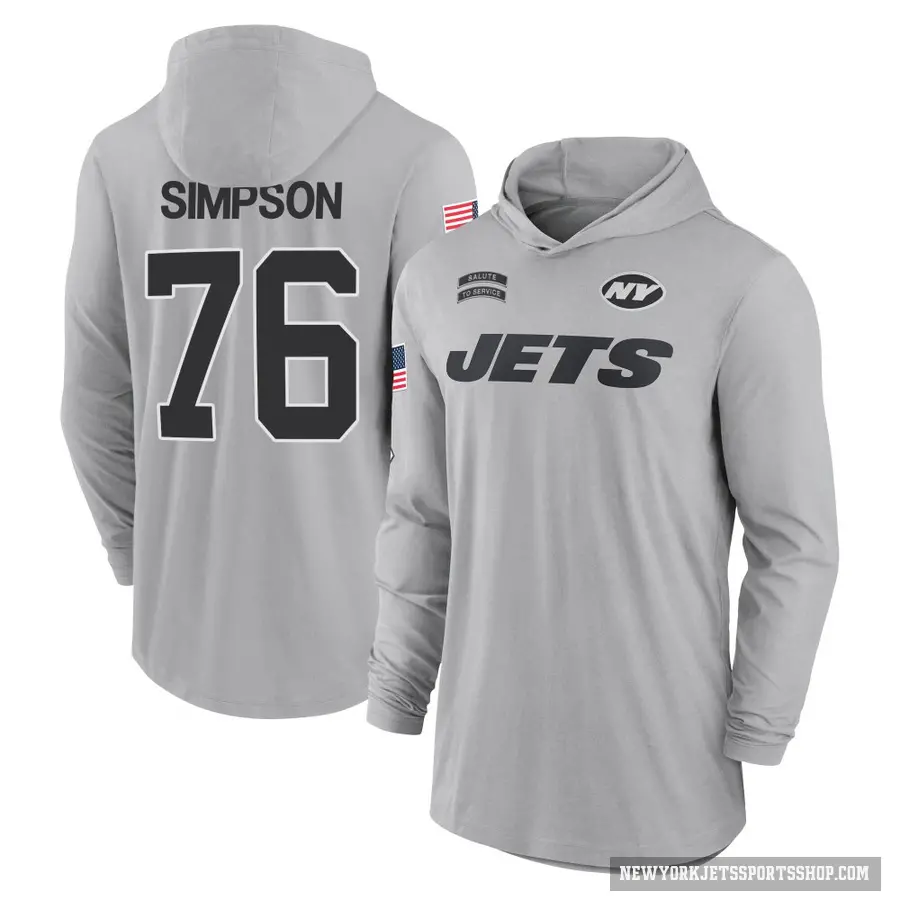 Men's ＃76 John Simpson New York Jets Gray 2024 Salute to Service Lightweight Performance Long Sleeve Hooded T-Shirt