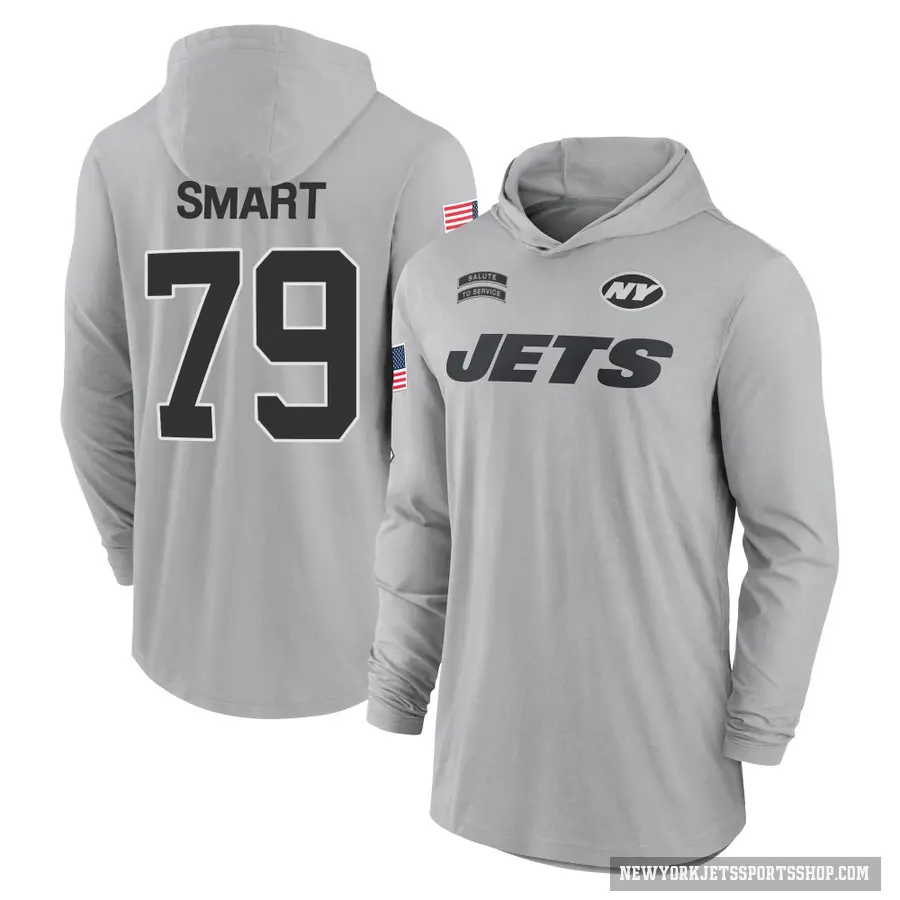 Men's ＃79 Tanzel Smart New York Jets Gray 2024 Salute to Service Lightweight Performance Long Sleeve Hooded T-Shirt