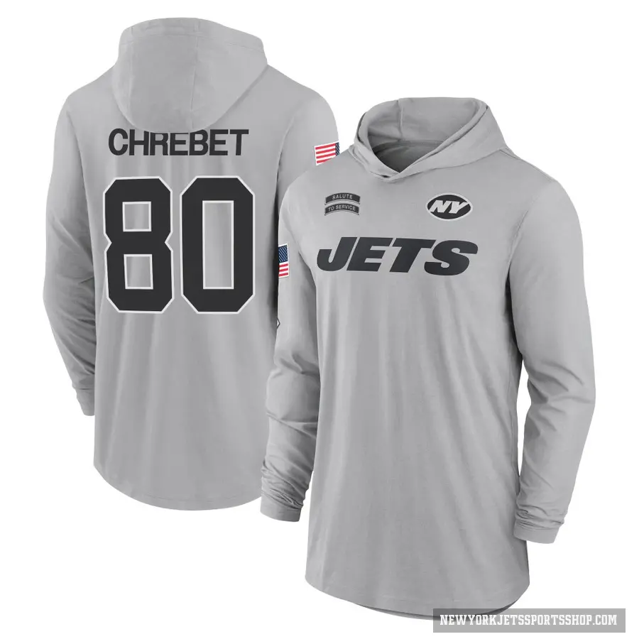 Men's ＃80 Wayne Chrebet New York Jets Gray 2024 Salute to Service Lightweight Performance Long Sleeve Hooded T-Shirt