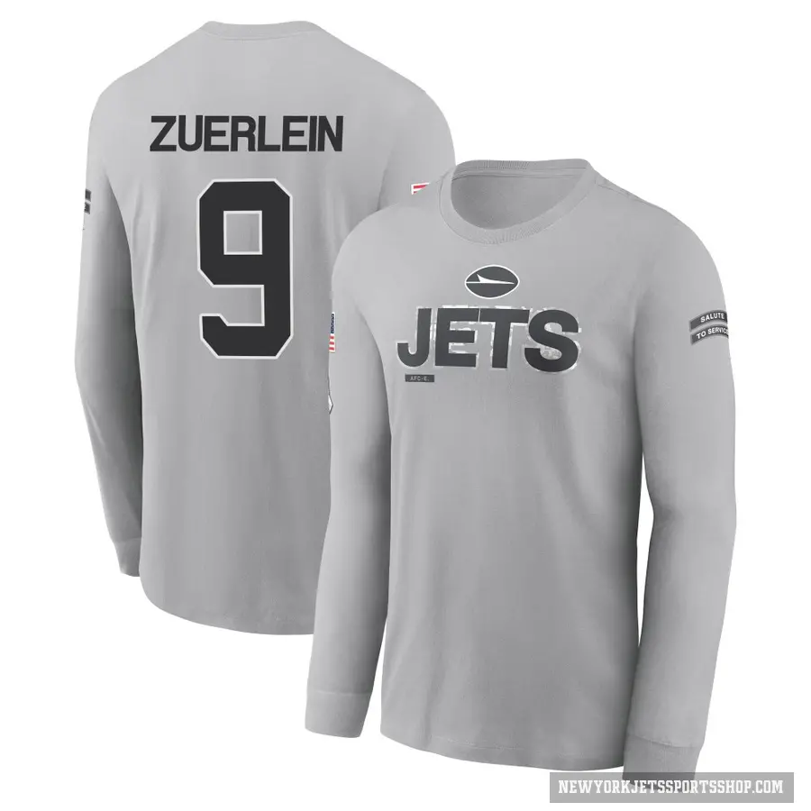 Men's ＃9 Greg Zuerlein New York Jets Gray 2024 Salute to Service Long Sleeve T-Shirt