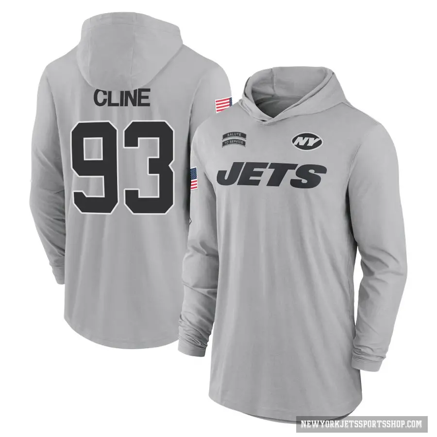 Men's ＃93 Kameron Cline New York Jets Gray 2024 Salute to Service Lightweight Performance Long Sleeve Hooded T-Shirt