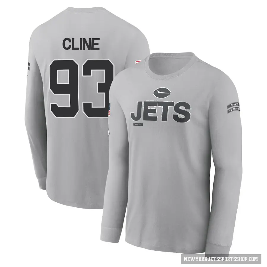 Men's ＃93 Kameron Cline New York Jets Gray 2024 Salute to Service Long Sleeve T-Shirt