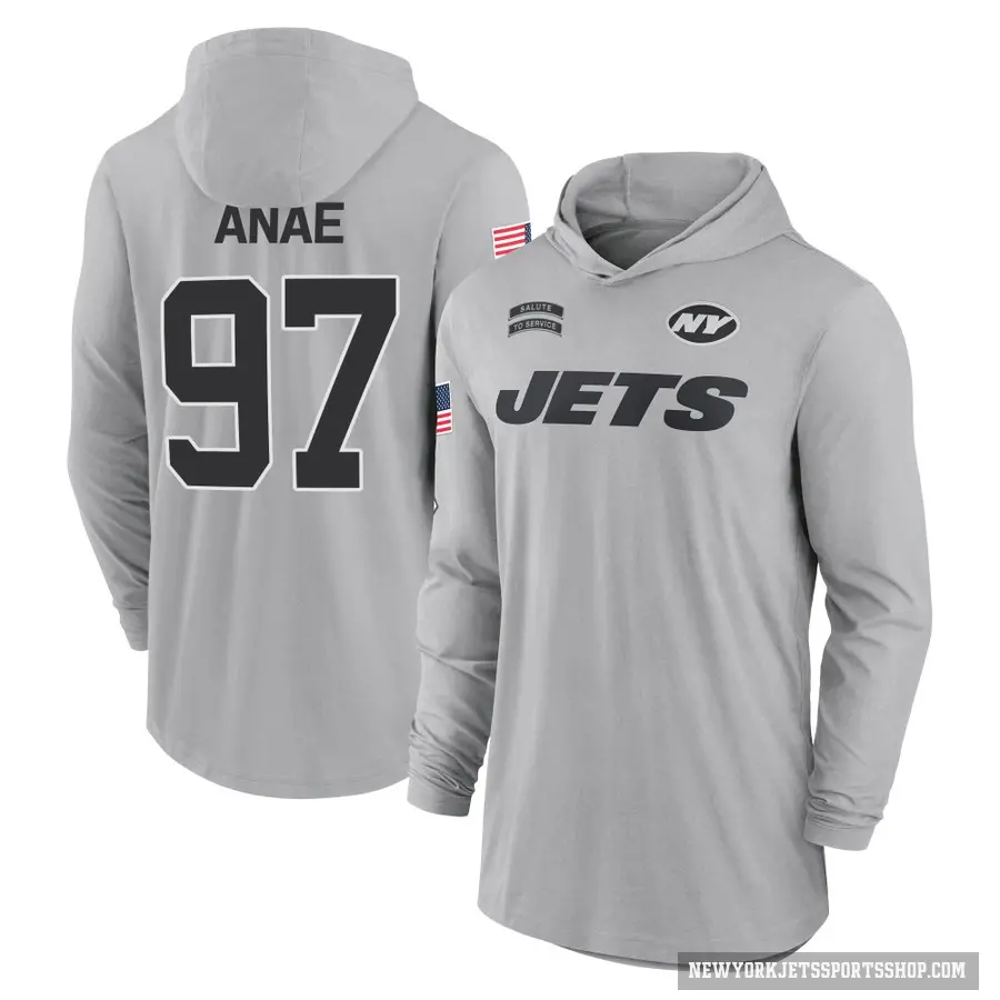 Men's ＃97 Bradlee Anae New York Jets Gray 2024 Salute to Service Lightweight Performance Long Sleeve Hooded T-Shirt