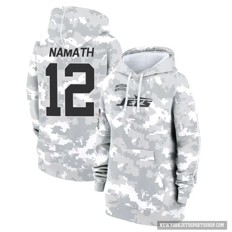 Women's ＃12 Joe Namath New York Jets Arctic Camo 2024 Salute to Service Club Fleece Pullover Hoodie
