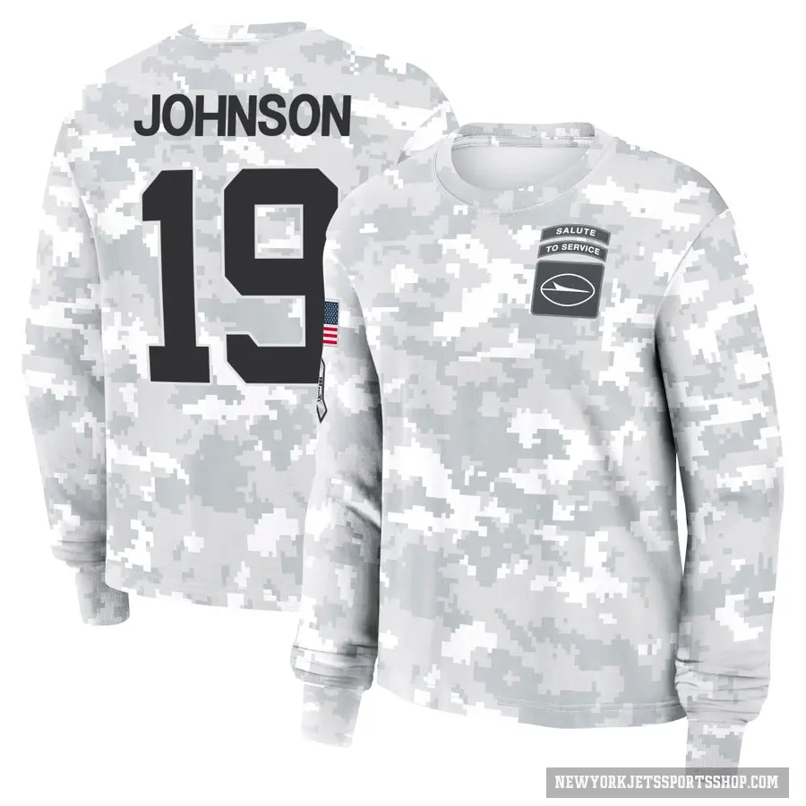 Women's ＃19 Keyshawn Johnson New York Jets Camo Arctic 2024 Salute to Service Long Sleeve T-Shirt