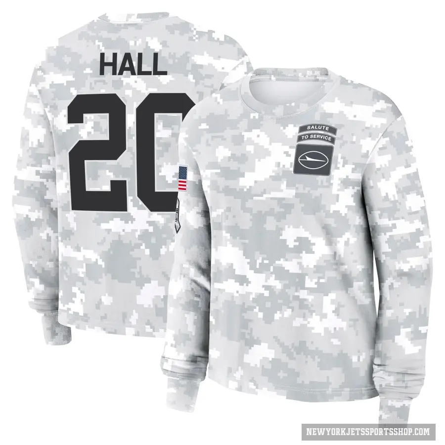Women's ＃20 Breece Hall New York Jets Camo Arctic 2024 Salute to Service Long Sleeve T-Shirt