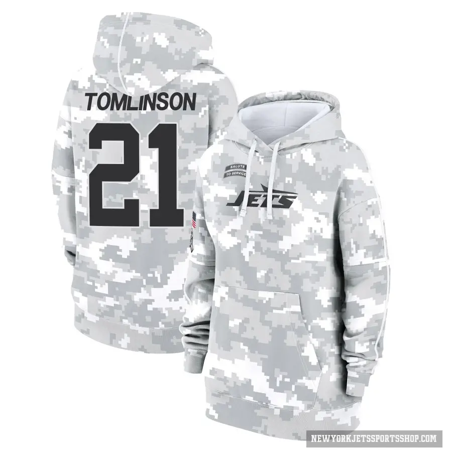 Women's ＃21 LaDainian Tomlinson New York Jets Arctic Camo 2024 Salute to Service Club Fleece Pullover Hoodie