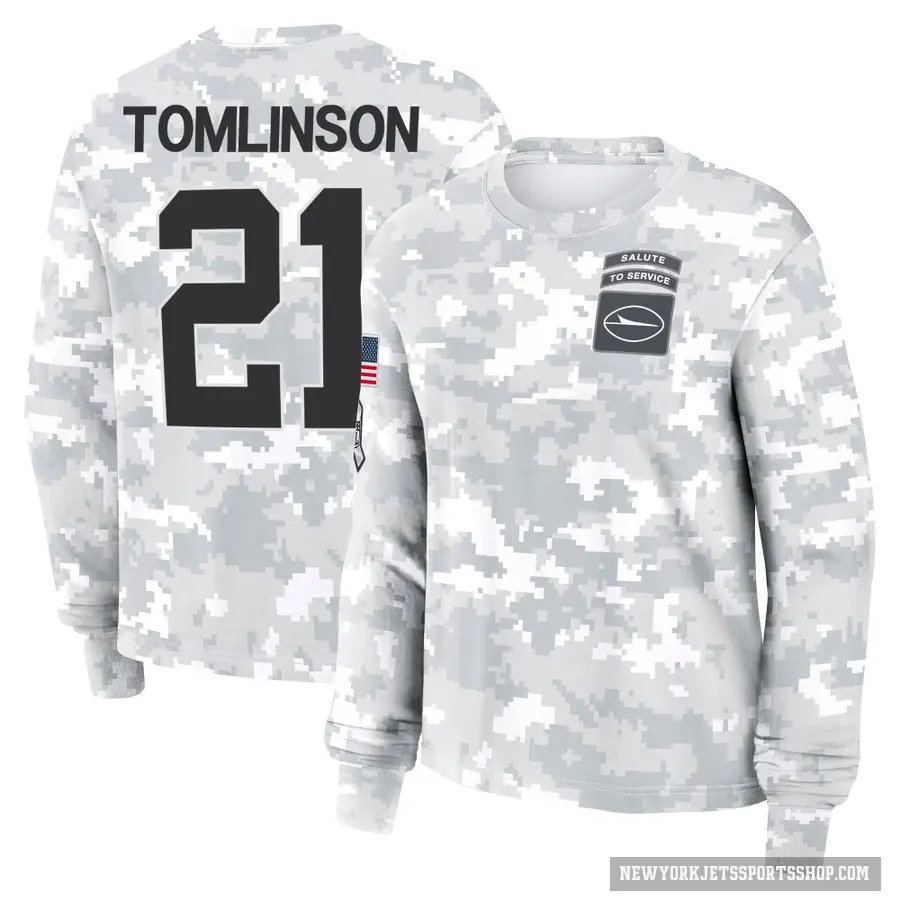 Women's ＃21 LaDainian Tomlinson New York Jets Camo Arctic 2024 Salute to Service Long Sleeve T-Shirt