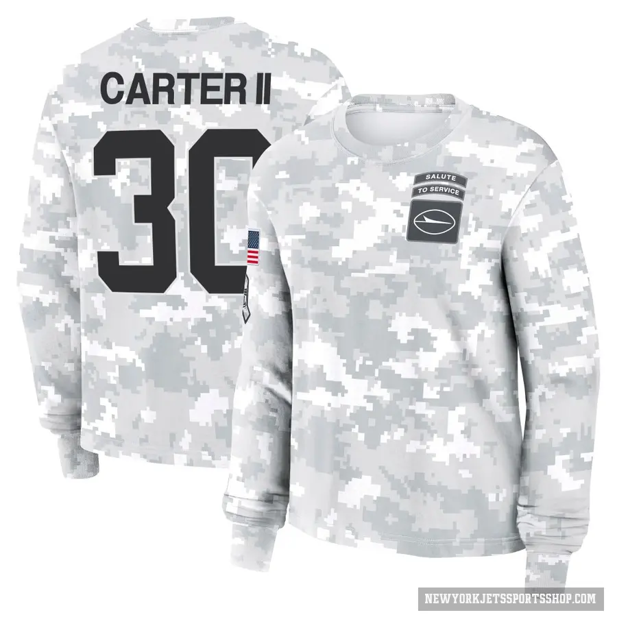 Women's ＃30 Michael Carter II New York Jets Camo Arctic 2024 Salute to Service Long Sleeve T-Shirt
