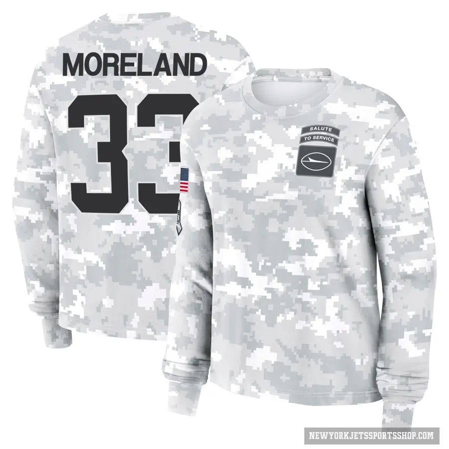 Women's ＃33 Jimmy Moreland New York Jets Camo Arctic 2024 Salute to Service Long Sleeve T-Shirt